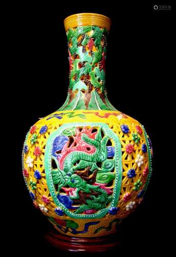 14 1/2" ANTIQUE CHINESE Sansai DRAGON / PHOENIX / BAT O...