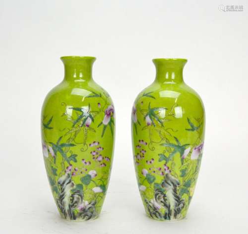 Pair of Chinese Enameled Seal Mark Flower Garden Green Groun...