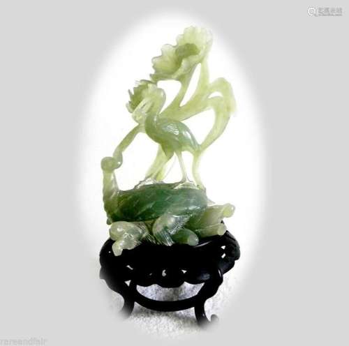 Jade green vintage carving of crane and turtle