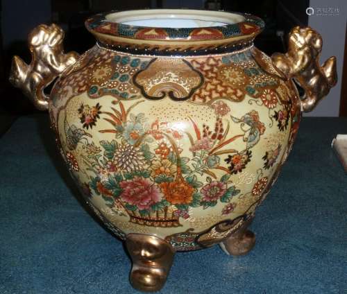 STUNNING Hand Painted Basket Of Flowers Footed Vase With Foo...