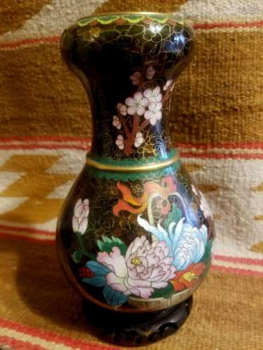 FINE JAPANESE CLOISONNE 8.2" VASE MULTI FLOWERS IN BASK...