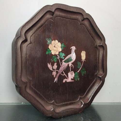 Old Chinese Wood Inlaid Shells Carving Flower Bird Tea Tray ...