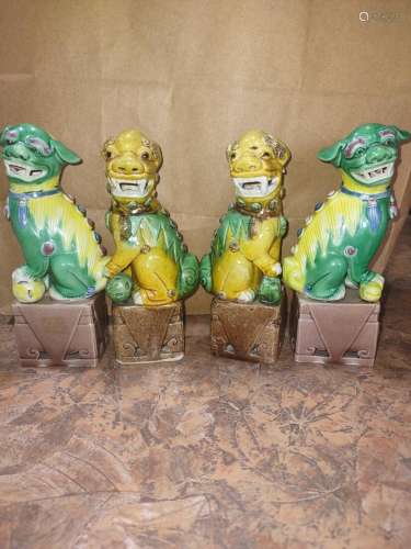 2 Pair Antique Chinese Foo Dog Guardian Lions Sancai Green G...