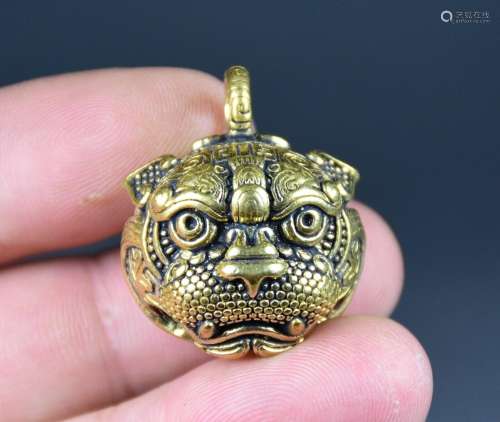 3CM Rare Chinese Copper Feng Shui Foo Dog Lion Beast Head Be...