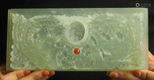 Old natural jade hand-carved statue of double dragon plate B...