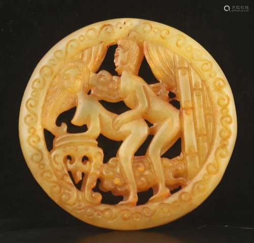 Old natural jade hand-carved statue of man and woman pendant...
