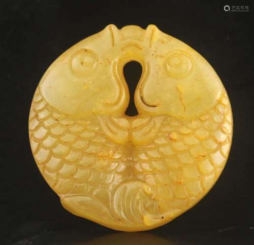 Old natural jade hand-carved statue of double fish pendant #...
