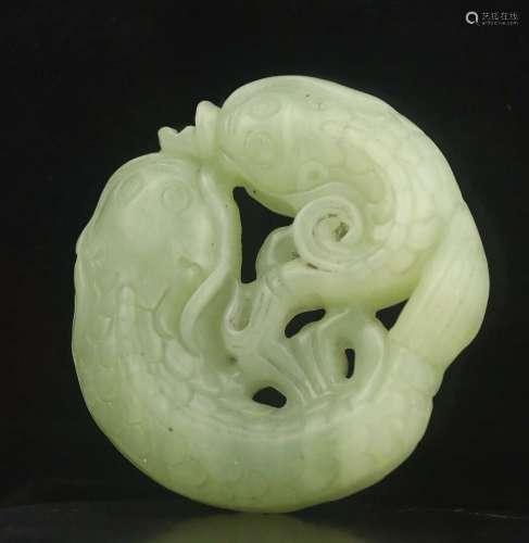 Old natural jade hand-carved statue of double dragon pendant...