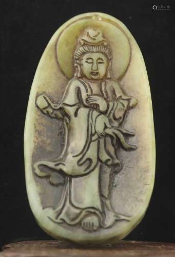 Old natural jade hand-carved statue of Buddha guanyin pendan...