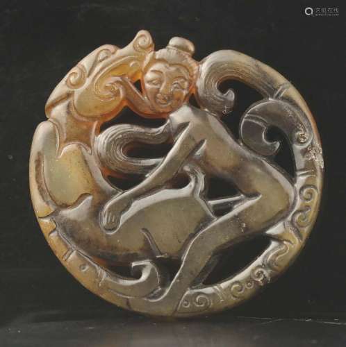 Old natural jade hand-carved statue of beast and man pendant...