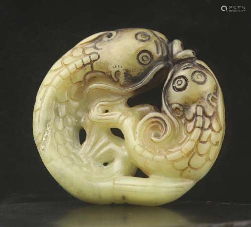 Old natural jade hand-carved statue of double dragon pendant...