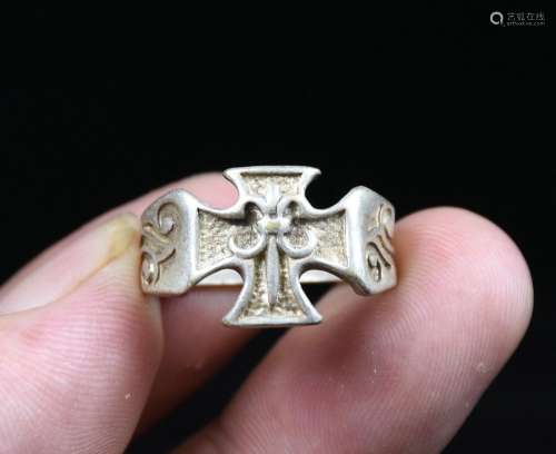 2.5CM Rare Chinese Miao Silver Feng Shui Cross Flower Finger...