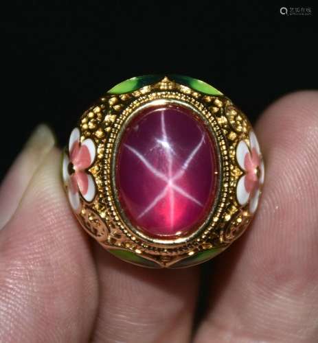 3CM Rare Chinese Enamel Gilt inlay Red Gems Flower Jewelry B...