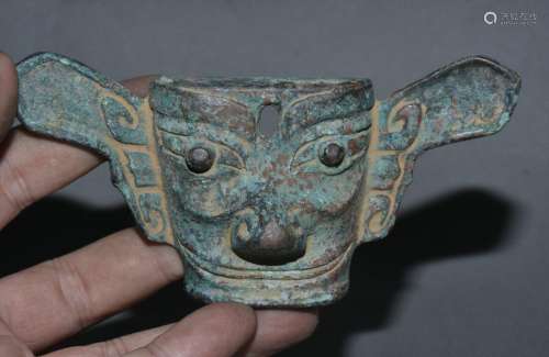14CM Rare Old China Bronze Dynasty Palace Sanxingdui Head Ma...