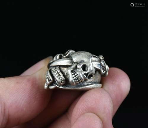 3CM Rare Old Chinese Miao Silver Feng Shui Skull Head Finger...