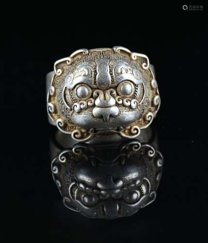 3CM Rare Old China Miao Silver Feng Shui Lion Beast Head Jew...