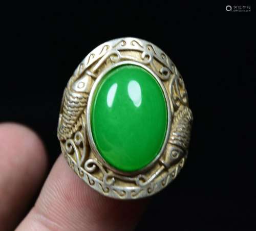 3CM Rare Old China Miao Silver inlay Green Gems Fish Jewelry...