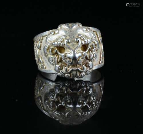 2.5CM Rare China Miao Silver Feng Shui Lion Beast Head Jewel...
