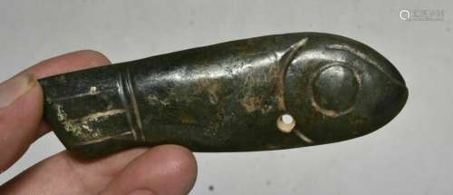10CM Rare Chinese Hongshan Culture Old Jade Carved Fish Pend...