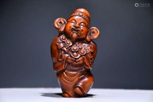 Old Chinese Boxwood Carving Feng Shui Mammon Money Wealth Go...