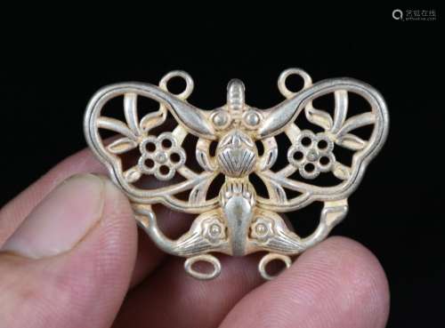4CM Old Chinese Miao Silver Feng Shui Hollowed out Butterfly...