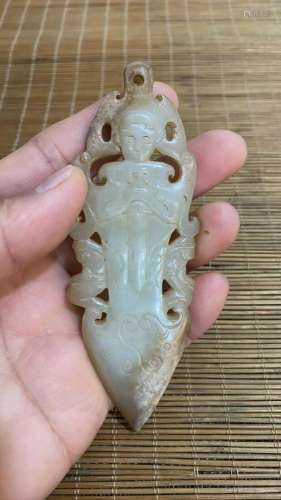 Rare Chinese Hetian white jade God of War design pendant