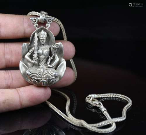 35CM Rare Old China Miao Silver Buddhism Manjusri Buddha Nec...