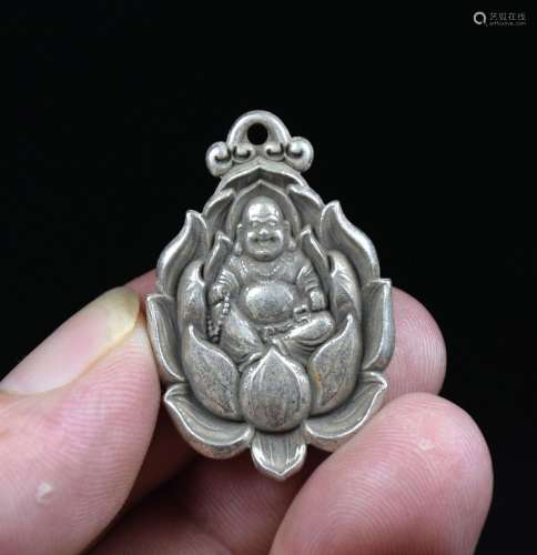 3.8CM Rare Old Chinese Miao Silver Feng Shui Maitreya Buddha...