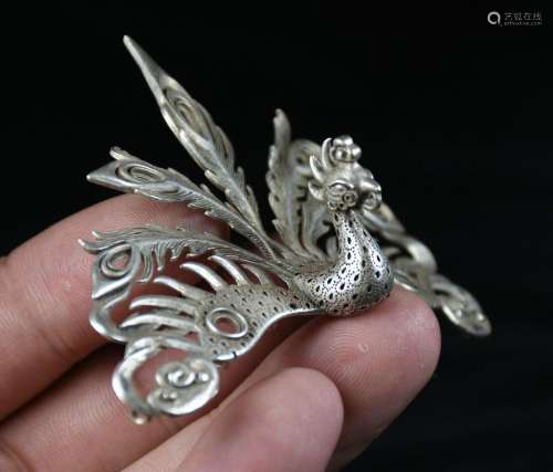 8CM Old Chinese Miao Silver Feng Shui Beautiful Peacock Peaf...
