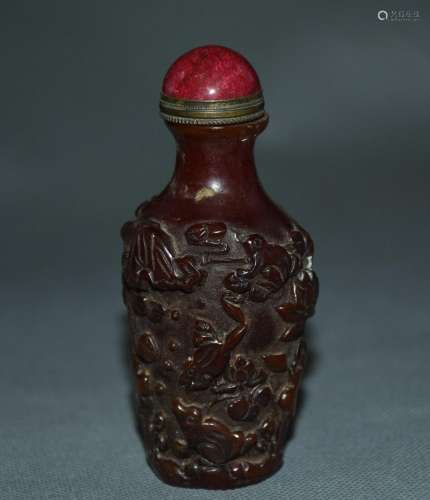 10CM Rare Old China Amber Carving Feng Shui Frog Lotus Snuff...