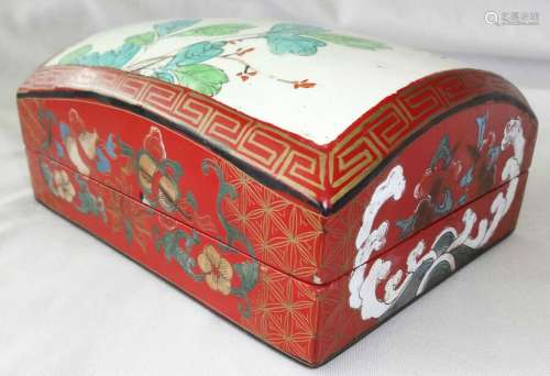 19CT CHINESE LACQUER BOX TOP INSET w. STONE WARE  FRAGMENT w...