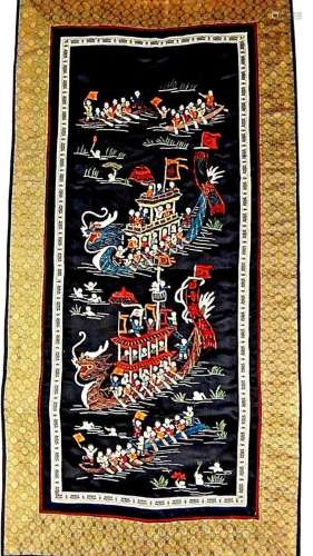 EARLY 20c CHINESE FORBIDDEN STICHES SILK EMBROIDERY PANEL, 1...