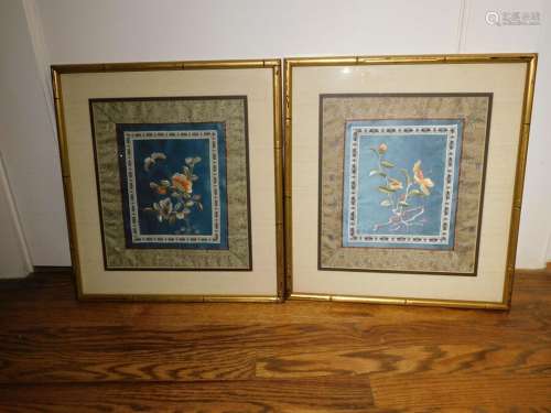Pair of Asian Embroidery on Silk Florals Framed 14.25" ...