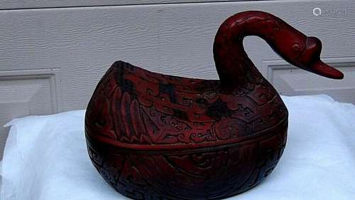 ANTIQUE 19c CHINESE LARGE RED CINNABAR CARVED HIGH RELIEF DU...