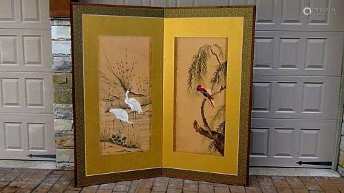 ANTIQUE 19c JAPANESE 2 PANEL WATERCOLOR ON SILK WITH CRANES ...