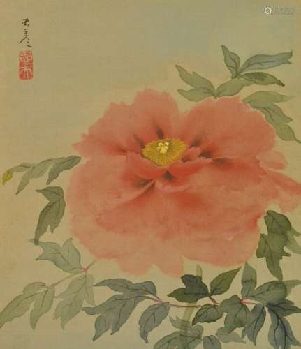 JAPANESE PAINTING PEONY HANGING SCROLL Japan 忠彦 Antique As...