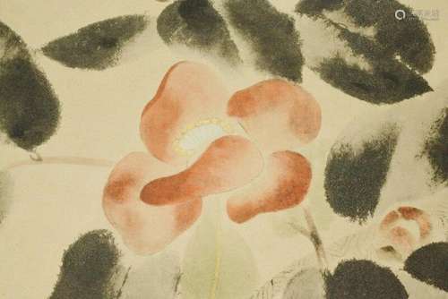 JAPANESE HANGING SCROLL 52.8" Painting Camellia Antique...