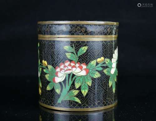 Antique Chinese Cloisonne Round Covered Box Jar ~ Flower Mot...