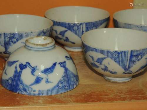 7 Cups 1.75"x3 Blue & White Flying Crane Chinese / ...