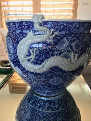 Very Large Chinese Porcelain Koi Pond with Large Dragons Wra...