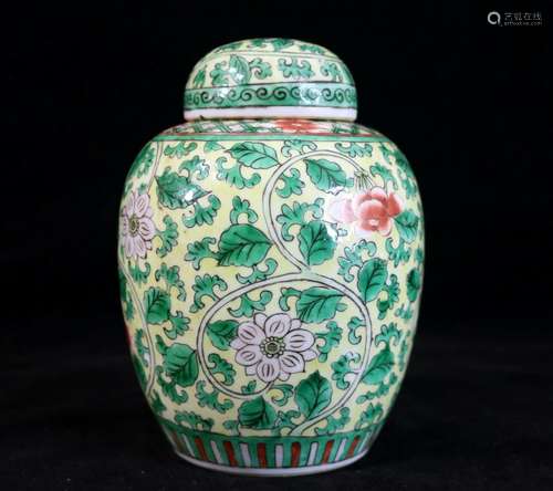 Antique Chinese Porcelain Famille Verte Yellow Ground Ginger...