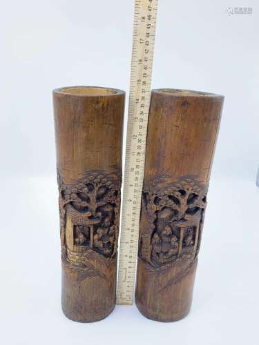 Set Of Two 14.5” Tall Antique Chinese Carved Bamboo Brush Po...