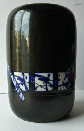 BLACK GLAZE POTTERY BRUSH / CALLIGRAPHY POT. BLUE, WHITE SQU...