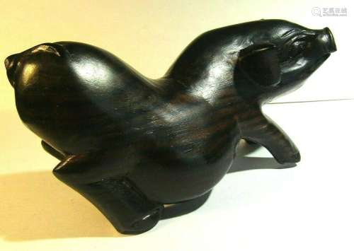 VINTAGE CHINESE POT BELLIED PIG HAND CARVED IRON-WOOD UNUSUA...