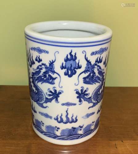 Chinese Blue & White Porcelain Brush Pot Signed 5 Claw D...