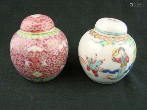 TWO BEAUTIFUL VINTAGE HAND PAINTED CHINESE GINGER JARS, MARK...