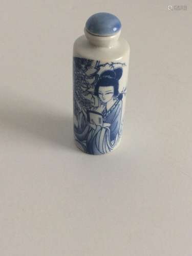 VINTAGE CHINESE BLUE WHITE SNUFF BOTTLE JAR GIESHA GIRL