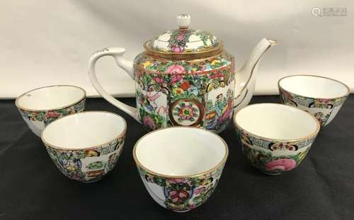 Antique Asian Dinnerware/Rose Medallion Teapot & 5 Cups