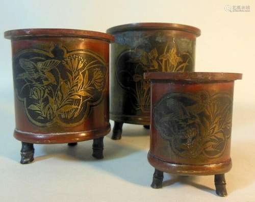 RARE Antique Set 3 Chinese Japanese Bronze Vases Brush Pots ...