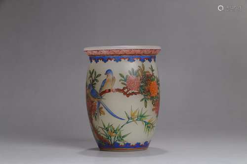 Small brush pot. Old feeder lines painted enamel painting of...